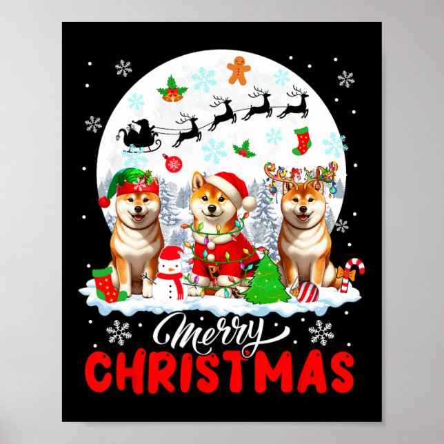 Poster Feliz Natal Três Papais noeis Elf Reindeer Shiba I (Frente)