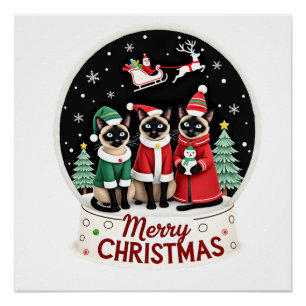 Póster Feliz Natal Três Santa Elfo Rena Siamês C