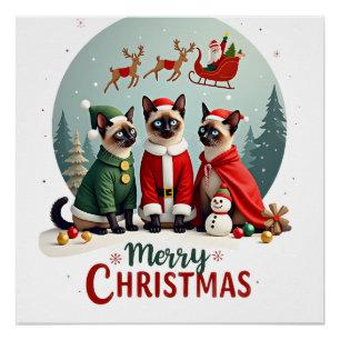 Póster Feliz Natal Três Santa Elfo Rena Siamês C