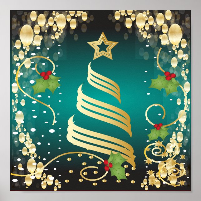 Póster Feliz Natal Turquesa Festiva Azul e Dourado (Frente)