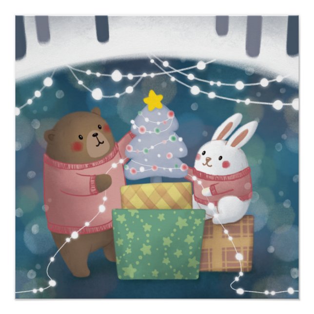 Póster Feliz Natal: Urso e Coelhinho (Frente)