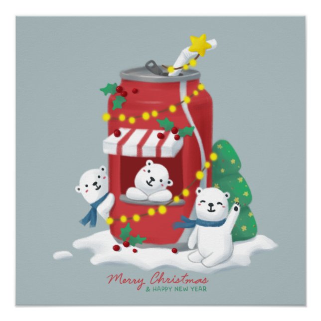 Póster Feliz Natal: Urso Polar e lata de Soda (Frente)