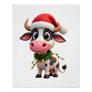 Póster Feliz Natal Vaca Papai Noel Luzes de Natal Vaca Xm