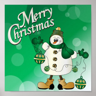 Póster Feliz Natal Verde Snowman