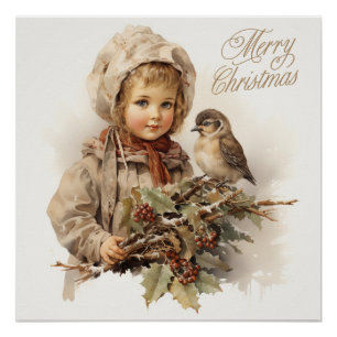 Póster Feliz Natal Vintage Child com Bird
