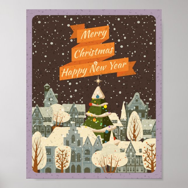 Poster Feliz Natal Vintage City Skyline No Inverno (Frente)