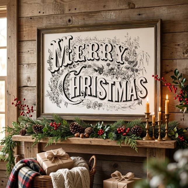 Poster Feliz Natal, Vintage Currier & Ives (reprod) (Vintage illustration Christmas image originally published by Currier & Ives - Merry Christmas, 1876)