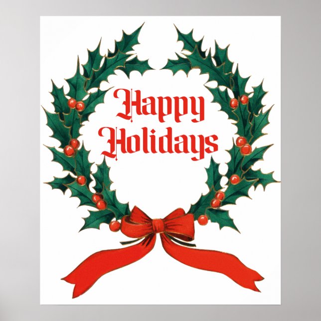 Poster Feliz Natal Vintage Holly Wreath (Frente)