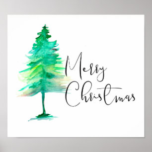Póster Feliz Natal, Watercolor Pinetree, Script