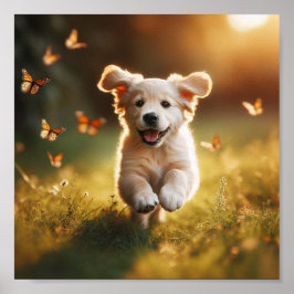 Poster feliz Ouro Retriever cachorrinho correndo luz da m