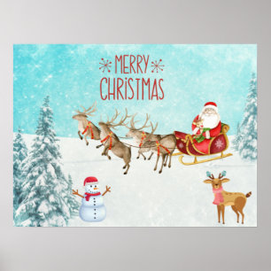 Poster Feliz Papai noel de Natal, Snowman, Reindeer, Flor
