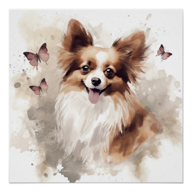 Póster Feliz Papillon Dog Watercolor (Frente)