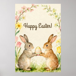 Poster Feliz Páscoa Coelhos Vintage com Ovo