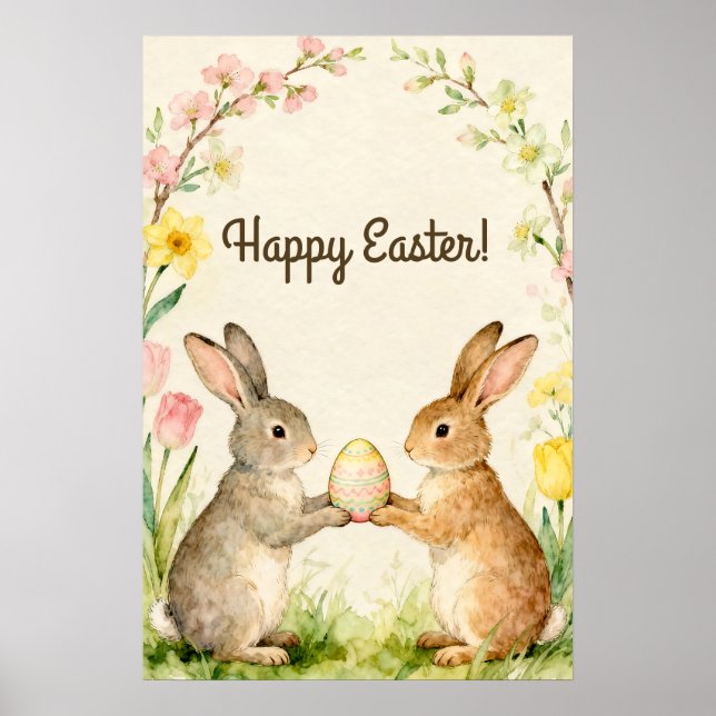 Poster Feliz Páscoa Coelhos Vintage com Ovo (Frente)