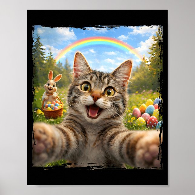 Poster Feliz Páscoa Gato Engraçado Selfie Com Coelho De P (Frente)