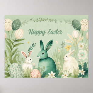 Poster Feliz Páscoa Três Coelhinhos em um Jardim Verde-Sa