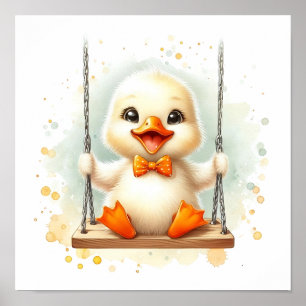 Poster Feliz Pato Bebê em um Nursorvo Swing Watercolor