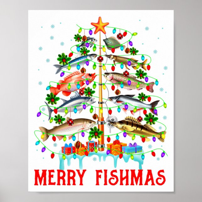 Poster Feliz Peixesmo Luzes de árvore de Natal engraçadas (Frente)