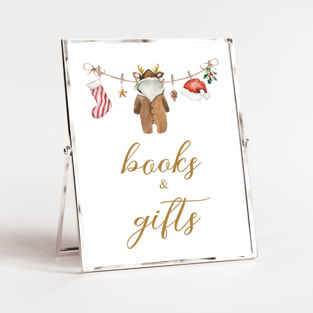 Poster Feliz Pequenas roupas de Natal Livros e presentes (Merry Little Clothes Baby Shower Books and Gifts Sign)
