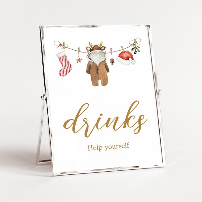 Poster Feliz Pequeno Natal Roupas Chás de fraldas Bebidas (Merry Little Clothes Baby Shower Drinks Sign)