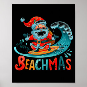 Poster Feliz Praia do Natal Papai Noel Surfe Design Retro