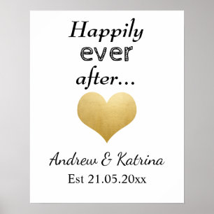 Póster Feliz Sempre Depois Faux Gold Foil Heart Weds