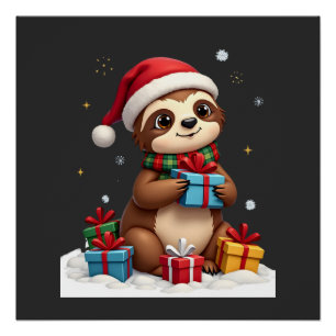 Póster Feliz Slothmas lindo sloth de Natal chapéu de Papa
