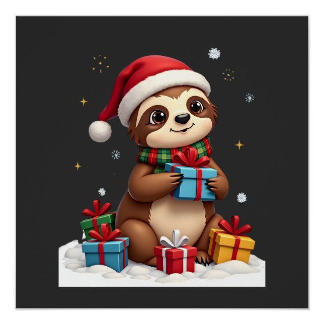 Póster Feliz Slothmas lindo sloth de Natal chapéu de Papa (Frente)