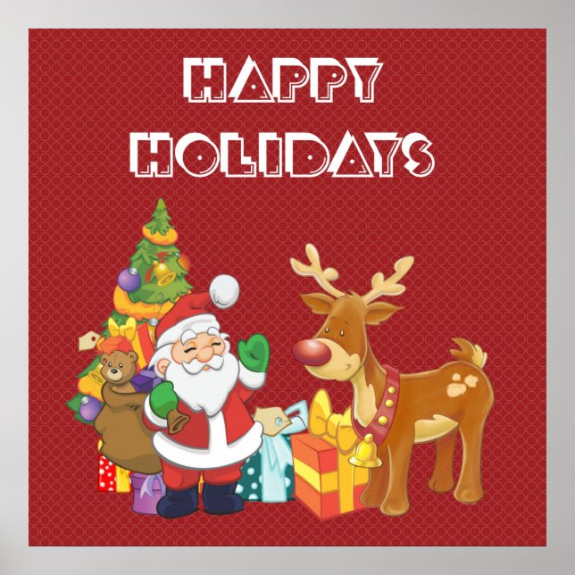 Póster Felizes feriados com Papais noeis e Reindeer (Frente)