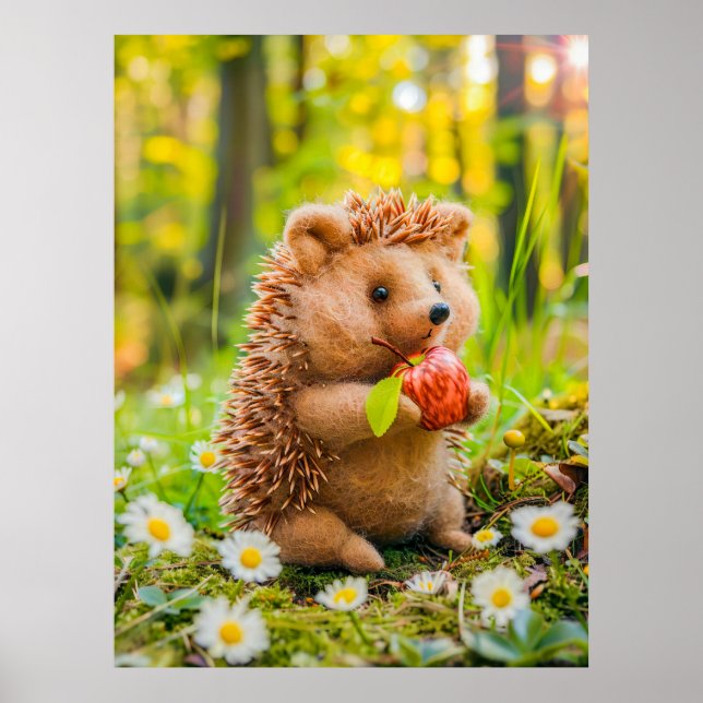 Poster Felt Hedgehog com Maçã em Patch de Margarida (Frente)