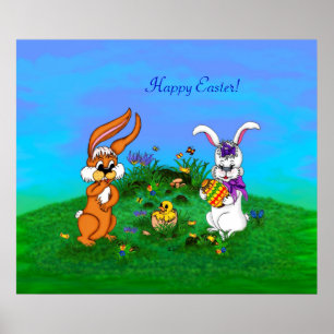 Póster Felz pascoa! Coelho com coelho e pintinho