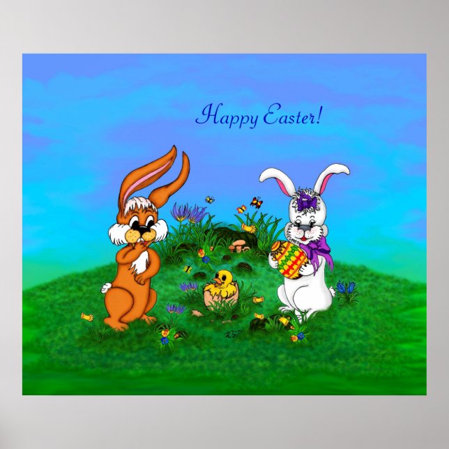 Póster Felz pascoa! Coelho com coelho e Pintinho (Frente)