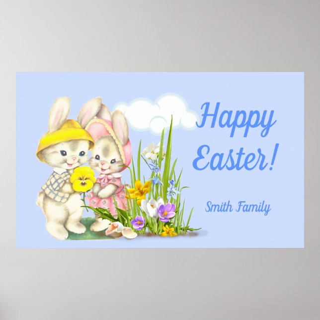 Poster Felz pascoa Vintage Bunnies & Flowers (Frente)