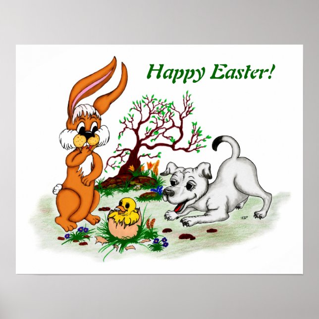 Póster Felz pascoa! Welpe, Küken, Hase (Frente)