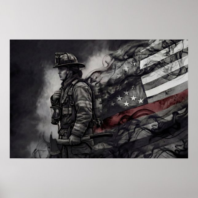 Poster Female Firefighter Red Line American Flag Tribute (Frente)