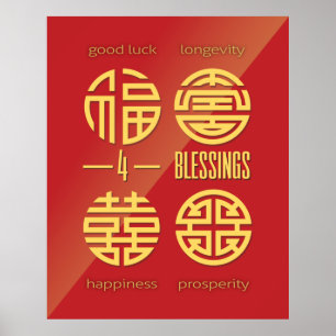 Poster Feng Shui Wall Art - Quatro Bênçãos Vermelhas