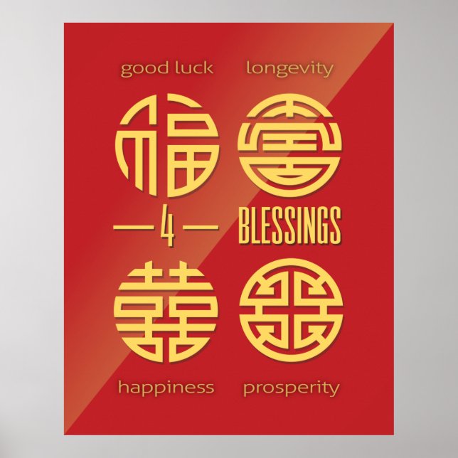 Poster Feng Shui Wall Art - Quatro Bênçãos Vermelhas (Frente)