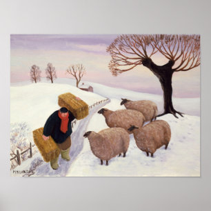 Póster Feno do carregando aos carneiros no inverno