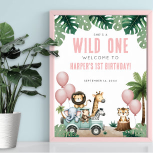 Poster Fera Pink Safari 1º Aniversário Bem-vindo