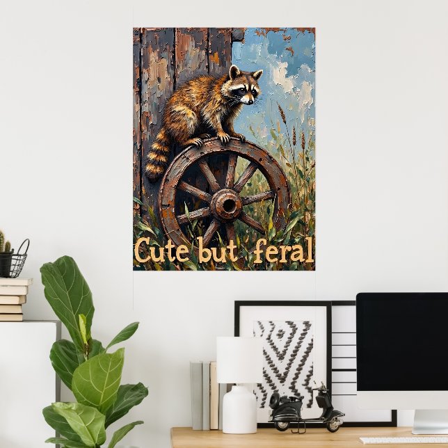 Poster Feral e Chique: Guaxinim em Roda Antiga (Escritório em casa)