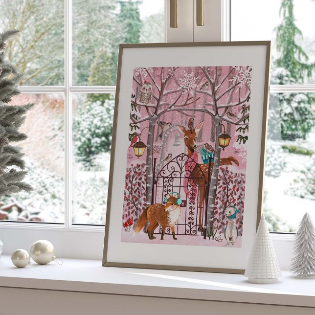 Poster Feriado de Animais das Florestas de Inverno, Cor-d (Cute Pink Winter Woodland Animals Holiday Poster)