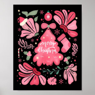 Poster Feriado De Natal Rosa E Feliz De Árvore Brilhante