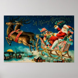 Póster Feriado de Natal Vintage Santa Claus Sleigh