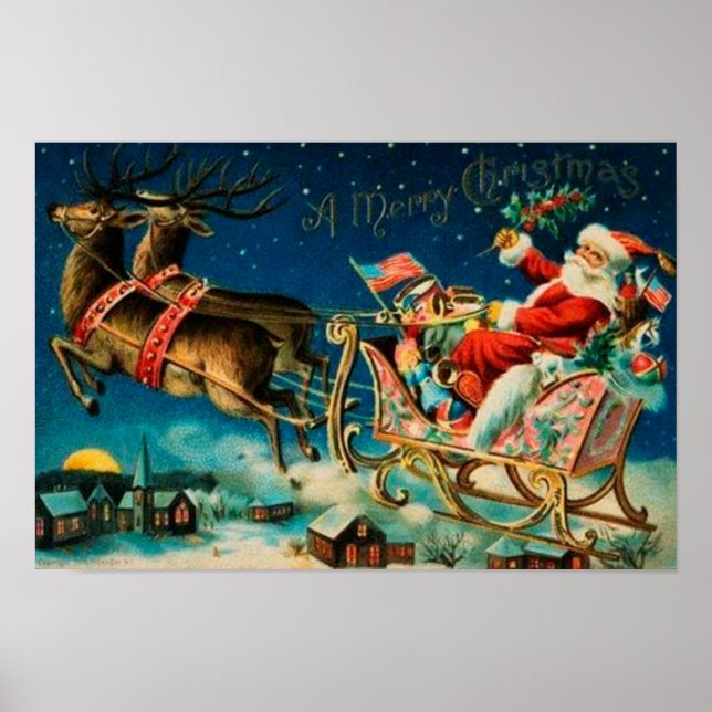 Póster Feriado de Natal Vintage Santa Claus Sleigh (Frente)