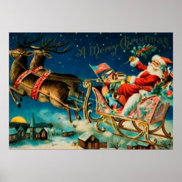 Póster Feriado de Natal Vintage Santa Claus Sleigh