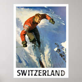 Poster Férias de inverno na Suíça, homem esquiando, vinta