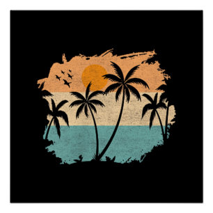 Póster Férias de Verão Retro Pôr do Sol Praia Palmeiras Á