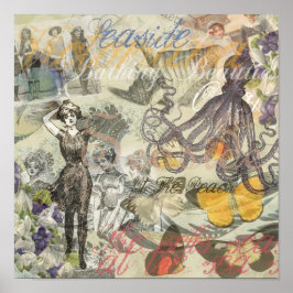 Póster Férias na Praia do Polvo Vitoriano Gótico Divertid