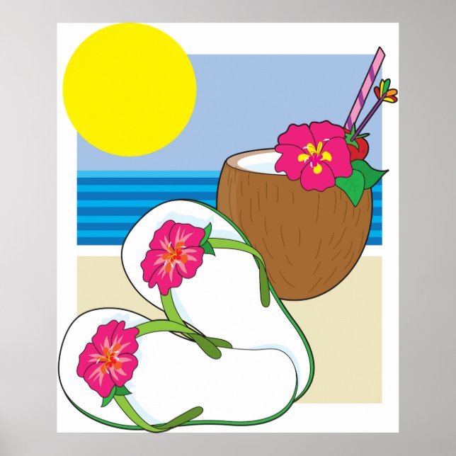 Poster Férias na Praia Tropical Flores de Coco Chinelos (Frente)