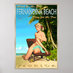 Poster Fernandina Beach Flórida Cartaz de Viagem Retro Pi